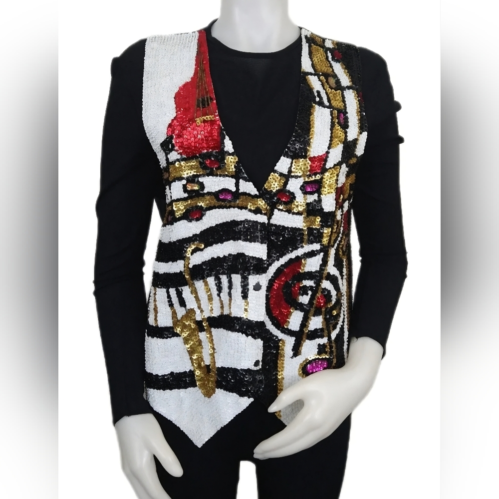 Vintage - Fashion Vest Sequin‎ Beaded Jazz fest Musical Holiday Bedazzled 1990's